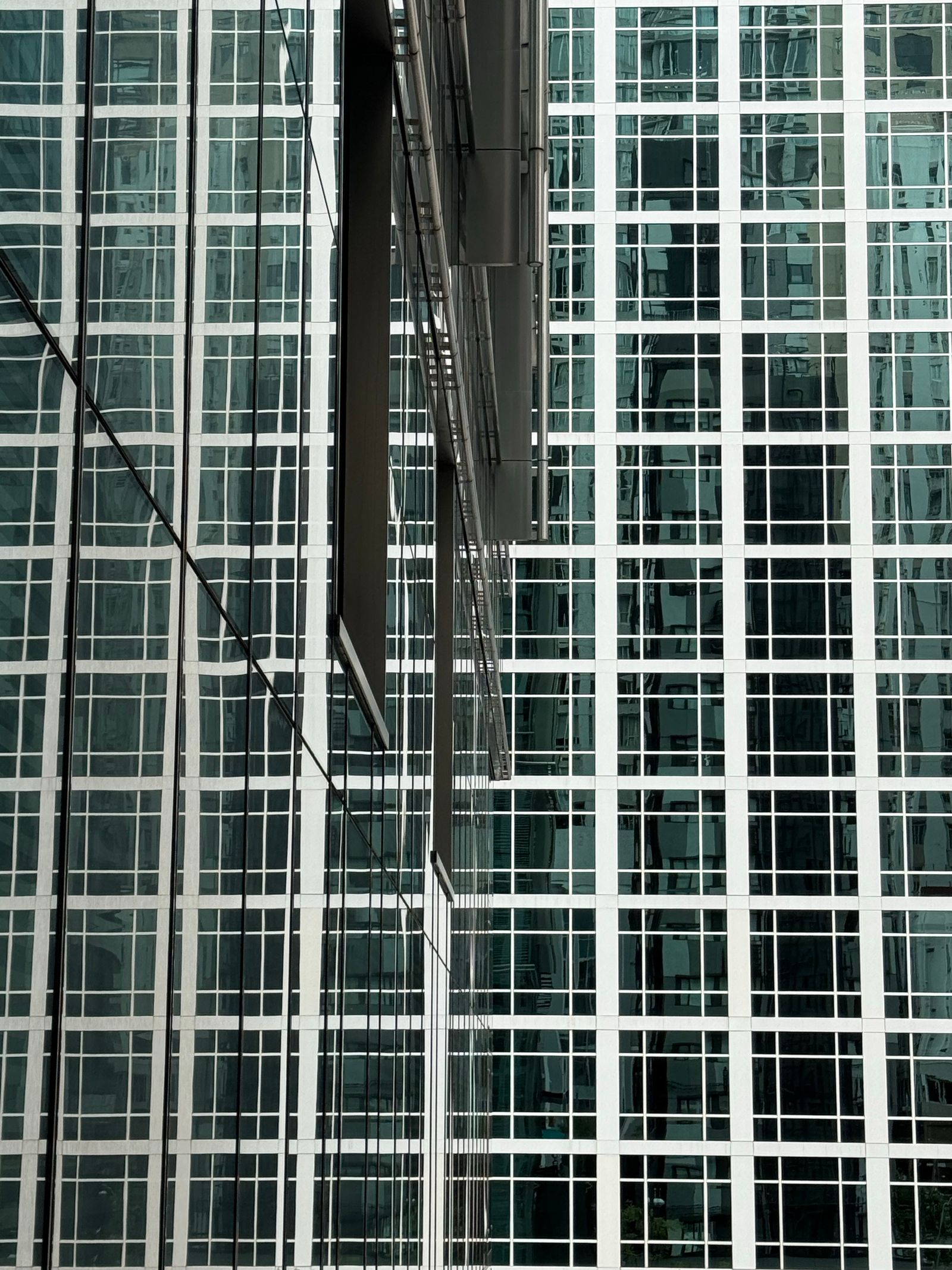 Regular grid of glass panels reflecting neighboring shapes