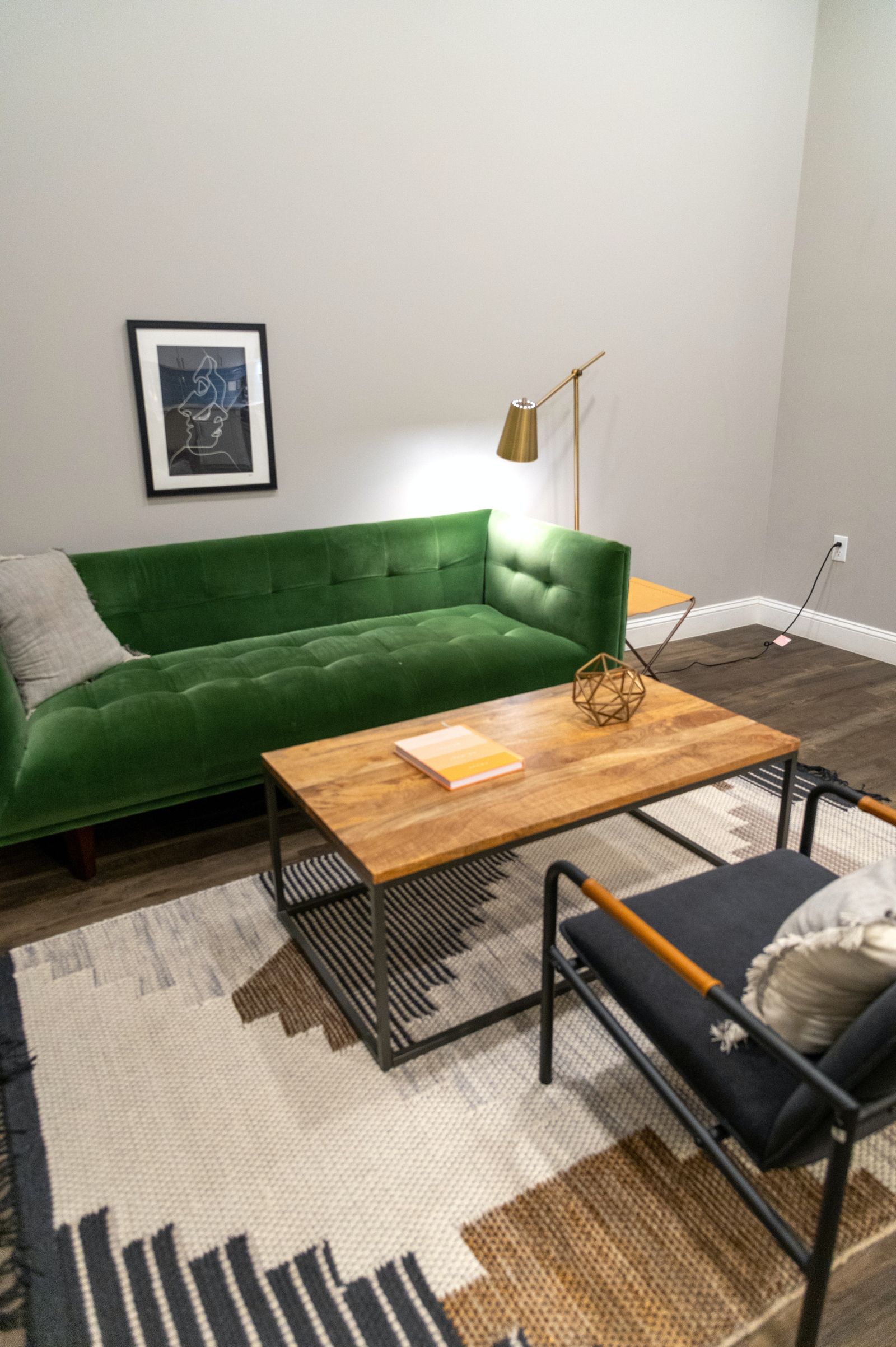Green sofa and wooden coffee table face an armchair in a compact living room