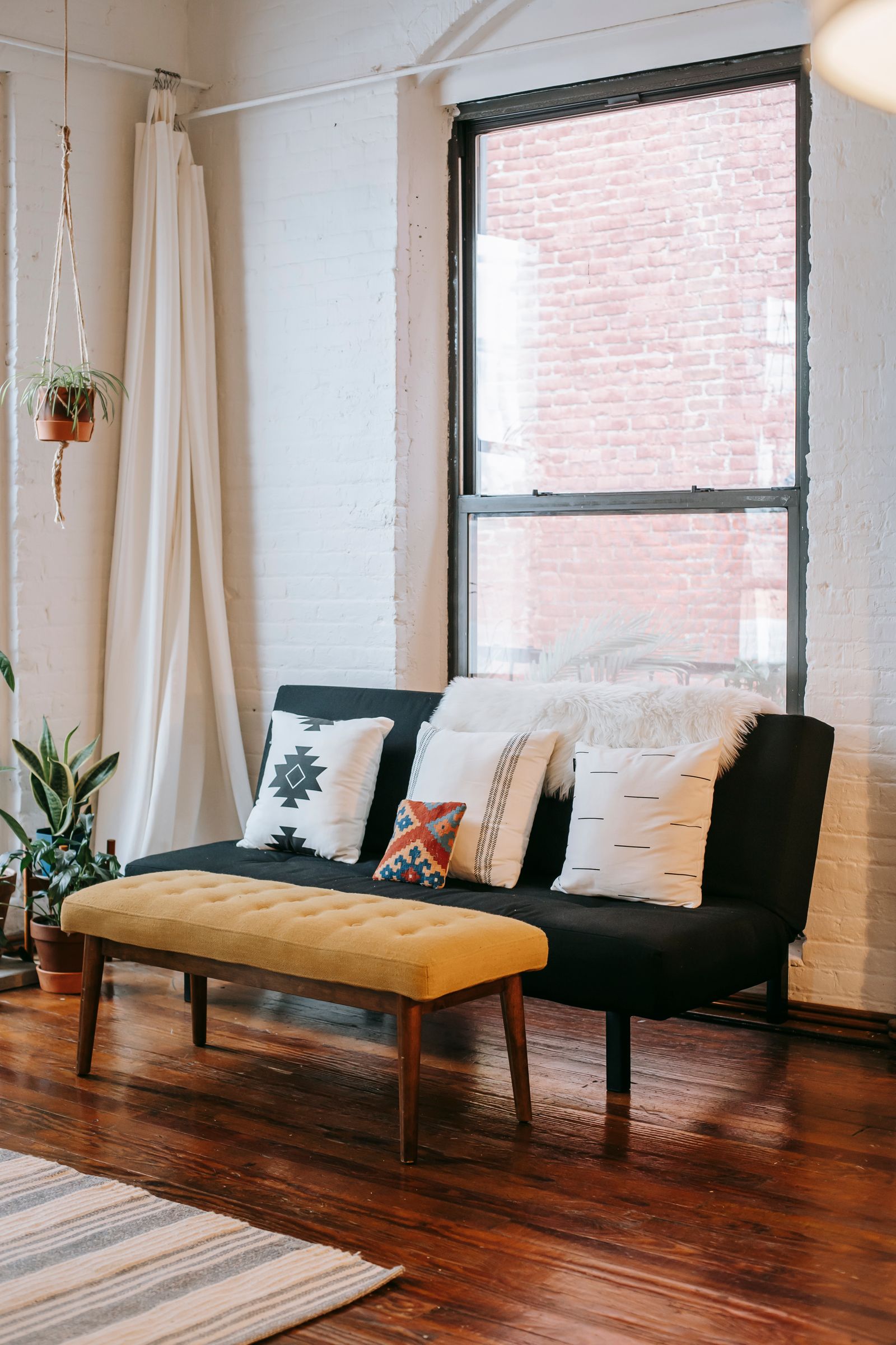 Upholstered seating with cushions and plants in a naturally lit room